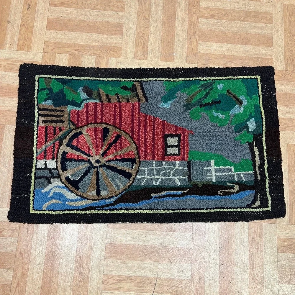Vintage Latch Hook Rug Country Water Mill Scene Tapestry Cottage Farmhouse Decor
